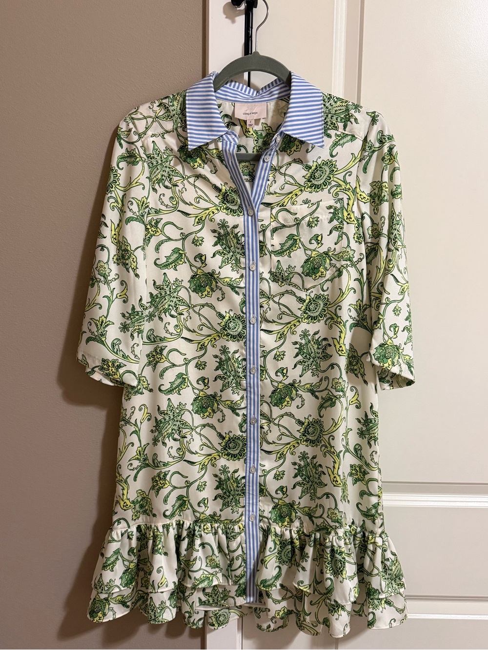Cinq à Sept Floral Green Ruffle Hem Shirt Dress